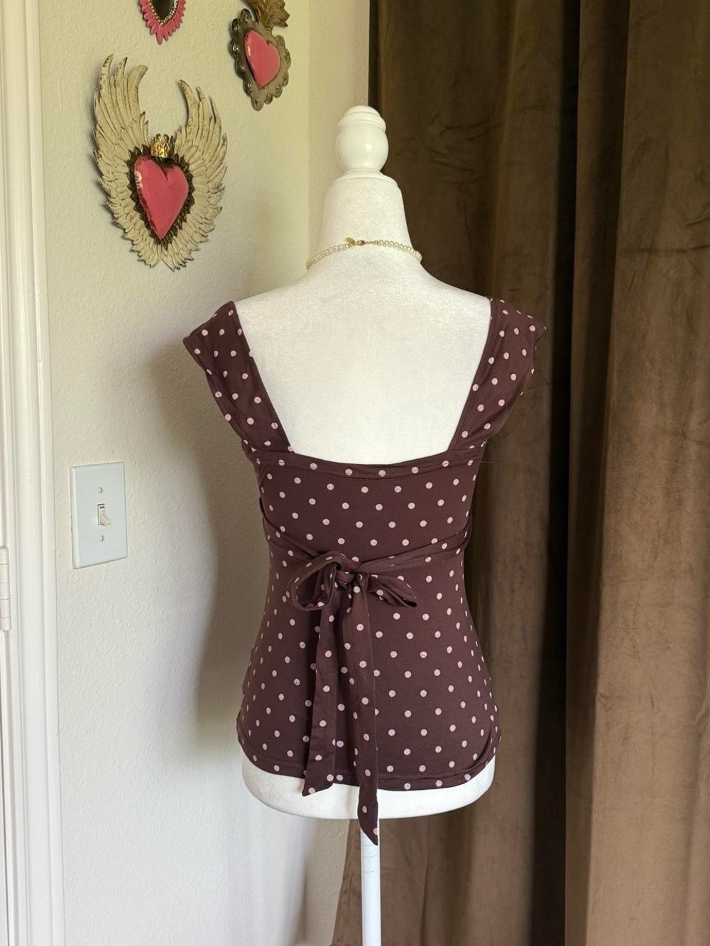 Polka Dot Lace Waist Cami Top in Brown and Light Pink - Picture 2 of 5